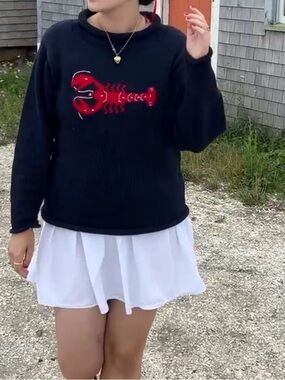 Navy rollneck sweater with red lobster